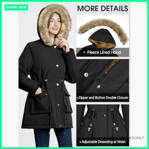 Fleece Lined Parka Jacket Hooded Warm Thicken Coat With Fur Hood - Picture 4 of 7